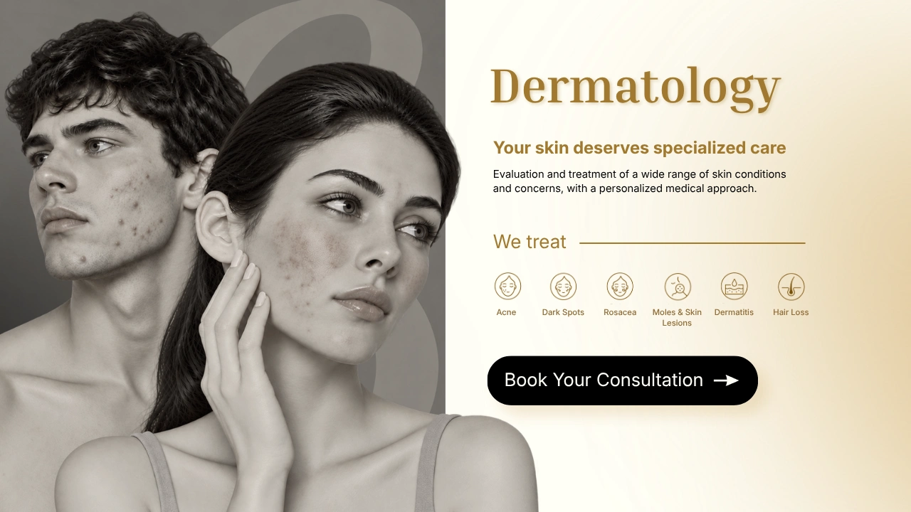 Skin Studio dermatology campaign: specialist care for acne, pigmentation, rosacea, moles and lesions, dermatitis and hair loss. Book your consultation.